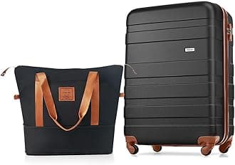 Merax Luggage Hardshell Suit case with Spinner Wheels Lightweight TSA Lock, black/brown, 2-Piece Set