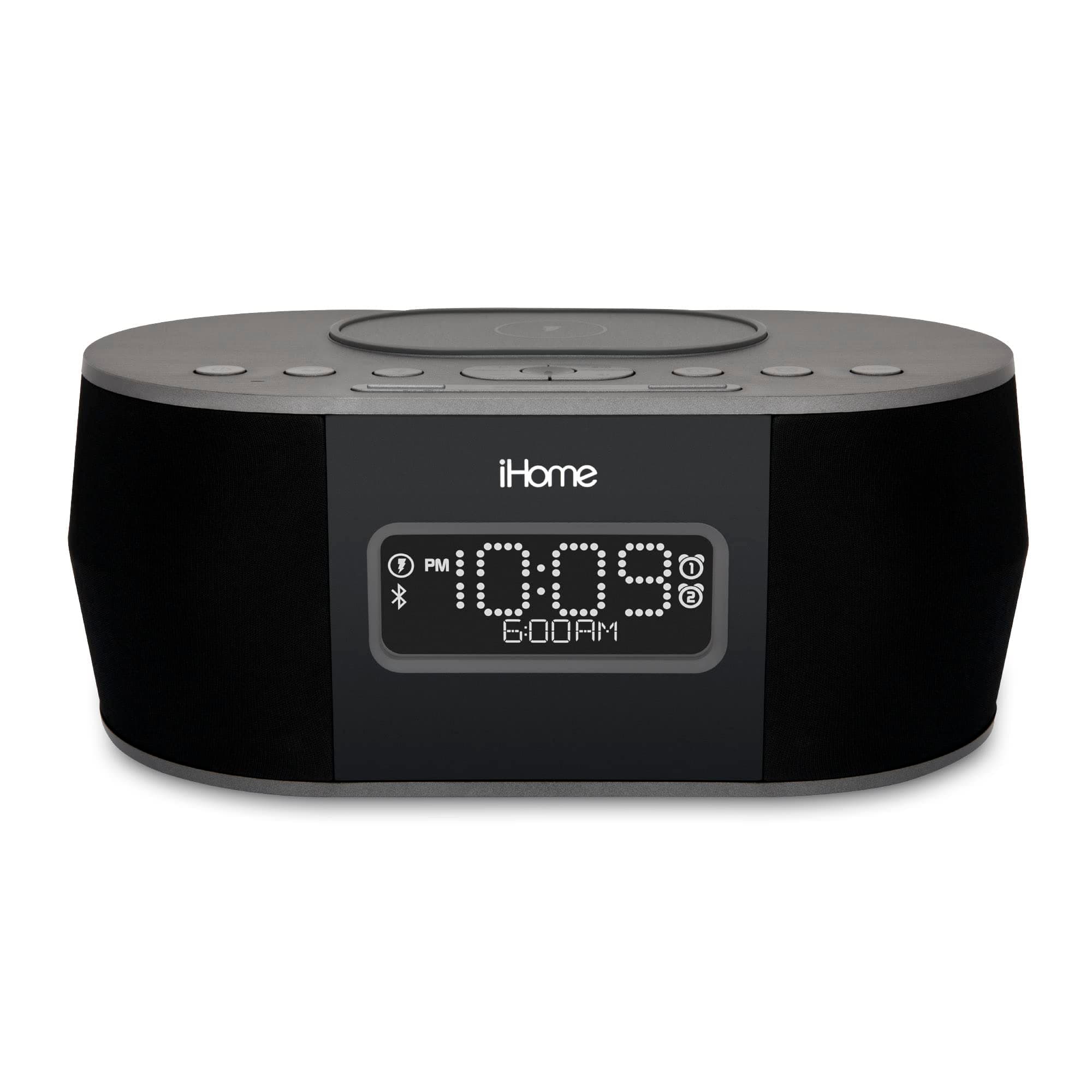 iBTW38 Alarm Clock Bluetooth Stereo with Lightning iPhone Qi Wireless Charging Dock Station for iPhone Xs, XS Max, XR, X, iPhone 8/7/6 Plus USB Port to Charge Any USB Device
