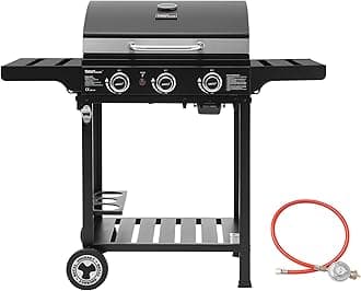 Royal Gourmet 3 Burner Gas Barbecue Trolley with Folding Side Shelves, Camping Grill with Bottle Stand, Stand Grill with Stainless Steel Burner 9 kW Black