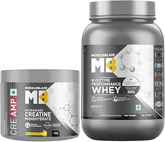 MuscleBlaze Biozyme Performance Whey Protein Powder, Rich Chocolate(28 Servings, 1kg) & Micronised Creatine Monohydrate CreAMP, Citrus Blast (30 Servings, 120g) | Pack of 2