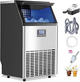 VEVOR 100lbs/24H Commercial Ice Maker Machine with Drain Pump, 33lbs Storage Capacity Ice Maker, 45 Ice Cubes in 15 Minutes, LED Digital Display Freestanding Self-Cleaning for Bar Office Restaurant
