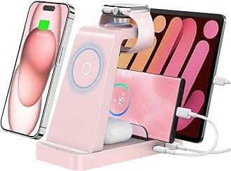 Wireless Charger for iPhone - 5 in 1 Charging Station for Multiple Devices Apple: Fast Wireless Charging Stand Dock for iPhone 17 16e 16 15 14 13 12 Pro Max Apple Watch (Pink)
