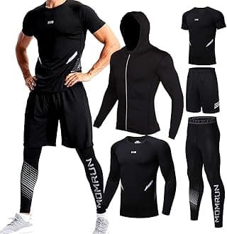 BOOMCOOL 5Pcs Gym Clothes Men Tracksuit Sets Running Wear Compression Shirts Sleeve Tops Jackets Long Suits Leggings Shorts Sports Activewear for Athletic