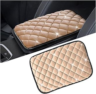 Mandark Bling Car Center Console Cover, Crystal Rhinestone Fluffy Automotive Armrest Seat Box Cushion Pad, Soft Comfortable Diamond Arm Rest Protection Mat, Universal Vehicle Accessories (Beige)