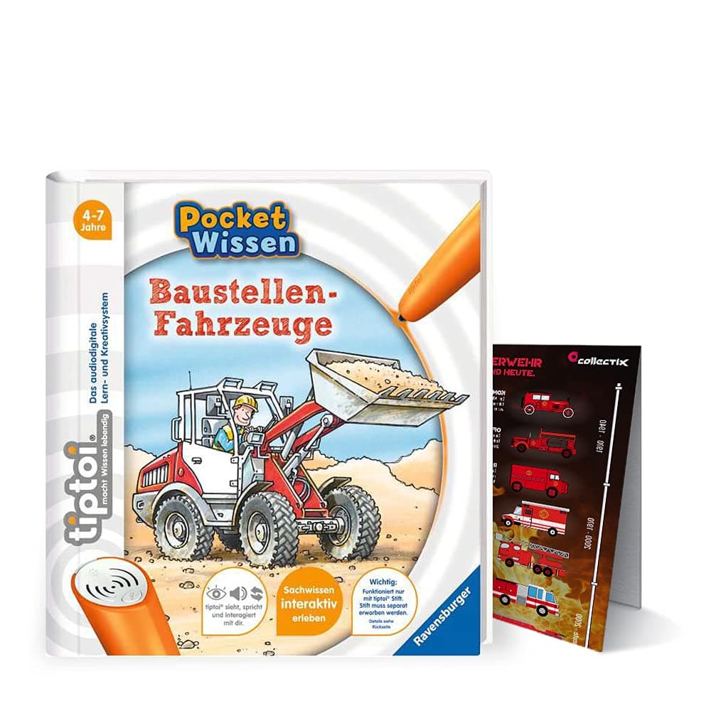 Ravensburger tiptoi® Book 4-7 Years | Pocket Knowledge - Construction Site Vehicles + Children's Fire Brigade Car Poster | Pocket Cushion, Tip TOI