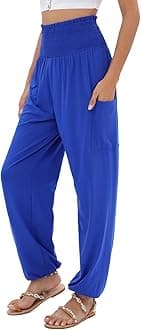 Women's Harem Pants, High Waist Yoga Boho Trousers with Pockets, Blue, Medium