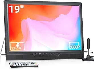 Desobry 19 Inch Portable TV with freeview Antenna, 1080P Small Television with HDMI AV Input, USB Port, Portable Monitor with Built-in Stand, 12V TV for caravan motorhome kitchen bedroom (No Battery)