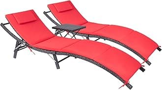 Devoko Patio Chaise Lounge Sets Outdoor Rattan Adjustable Back 3 Pieces Cushioned Patio Folding Chaise Lounge with Folding Table (Red)