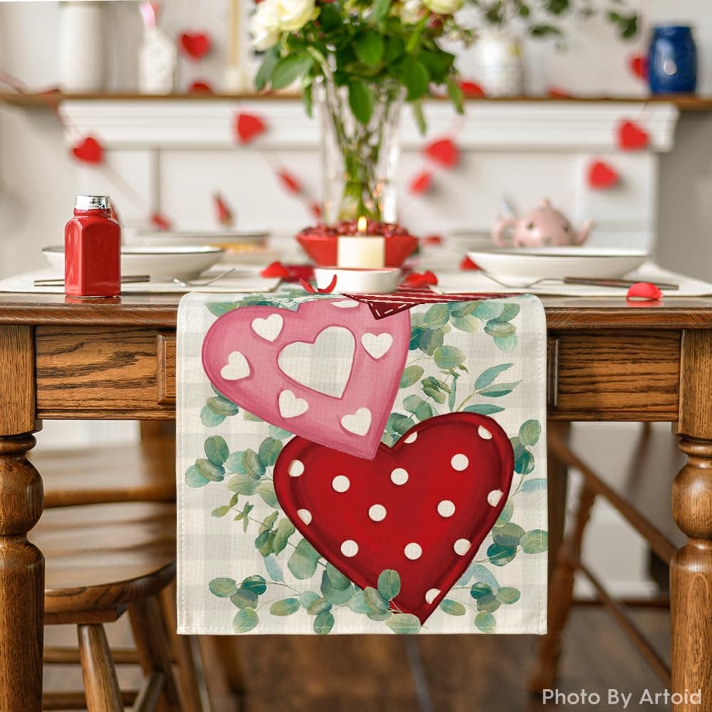 Artoid Mode Eucalyptus Polka Dot Hearts Valentine's Day Table Runner, Holiday Kitchen Dining Table Decoration for Home Party Indoor 13x72 Inch