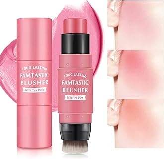 Cream Blush Stick for Cheeks - 2 in 1 Multi Makeup Blush with Brush for Cheeks Tint & Eyes & Lips, Waterproof Smooth Creme Texture, Long-lasting Wear All Day, #01 Cherry Pink