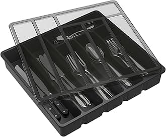Lifewit Cutlery Tray with Lid, Cutlery Storage Box for Kitchen Drawer and Countertop, Utensil Flatware Silverware Holder Divider for Spoons Forks Knives Tableware, 6 Compartments, Black