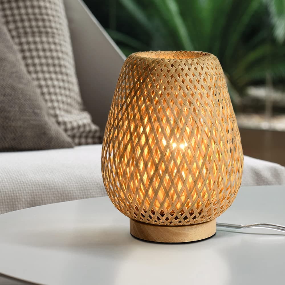 Bedside Table Lamp with Double Layer Bamboo Lampshade Wooden Base Bedroom Lamp Handmade Decorative Night Light for Wedding Party Indoor Bedroom Dining Room Outdoor Gift Garden Balcony