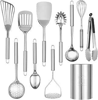 Abodpove Stainless Steel Cooking Utensils Set - 11pcs Kitchen Utensils Set with Holder for Cooking, Stainless Steel Utensils Set with Potato Masher, Skimmer, Spoons, Turners, Whisk, Tongs