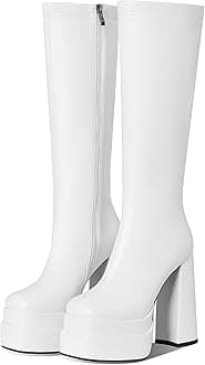 VOMIRAPlatform Boots for Women Square Toe Chunky High Heels Platform GoGo Boots Side Zipper Stretch Knee High Boots