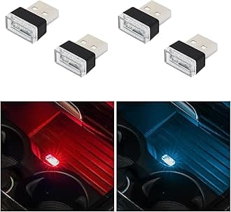 Augeny 4 PCS USB LED Car Interior Atmosphere Lamp, Plug-in USB Decor Night Light, Portable Auto Ambient Lighting Kit, Universal Vehicle Interior Accessories for Most Cars (2 Red+2 Ice Blue)