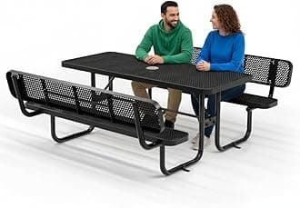 Commercial Heavy-Duty Metal Picnic Table with Backrest - ADA Compliant, Adjustable Seats, Umbrella Hole, Expanded Metal (Black, 6' Rectangular with Back)