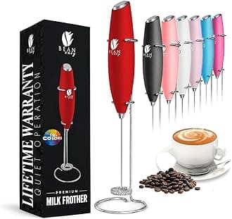Bean Envy Milk Frother Handheld, Perfect for The Best Latte - Whip Foamer - Includes Stainless Steel Stand - Red