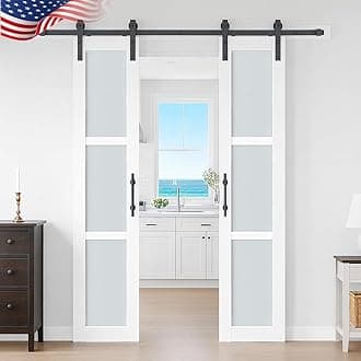 S&Z TOPHAND® 18 in x 84 in Double Glass MDF Barn Doors with 6.6FT Hardware Kit, 5 Tempered Frosted Glass, Slab Inside Covered with Water-Proof PVC Surface, Simple DIY Assembly