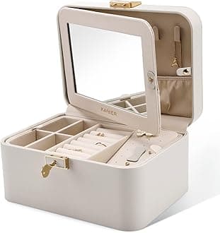 KAMIER Jewelry Boxes for Women, 2 Layers PU Leather Jewelry Organizer Lockable Display with Mirror for Earring Ring Necklace Bracelet (Gray)