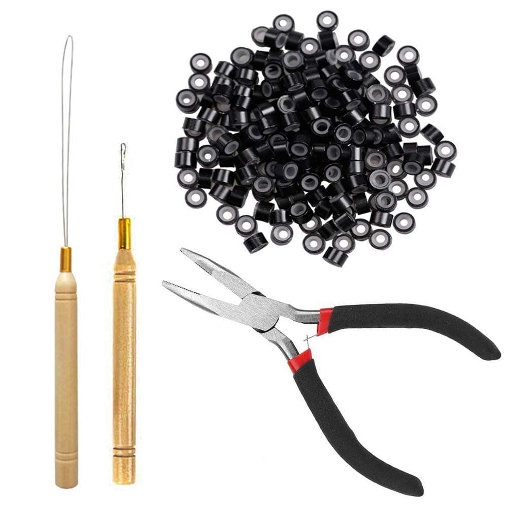 Grneric Hair Extension Remove Pulling Hook Plier with Silicone Lined Micro Rings Bead Device Kits for Professional Hair Styling Accessory (Black), 500 Pieces