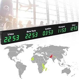 Wall Mounted World Clock, 3/4/5 City Time Zone LED Digital World Time Wall Clock Indoor Multi Time Zone World Wall Clock for Multinational Enterprises/Office/Home/Living Room/School,Green-5City