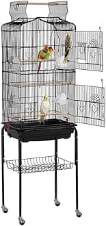 Yaheetech Large Bird Cage Open Play Top Parrot Cage Metal Budgie Cage with Rolling Stand for Medium Canary Cockatiel Cage