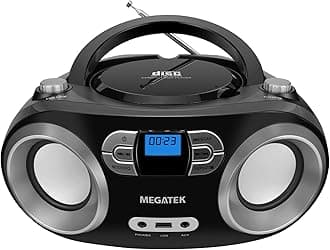 - Portable CD Player Boombox with FM Radio, Bluetooth, USB Port, AUX Input, and Headphone Jack – CD-R/CD-RW/MP3-CD Compatible, Clear Stereo Sound, Backlit LCD Display – Black