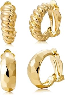 Clip on Earrings Women, 14K Gold Hoop Clip-On Earrings for Women, Hypoallergenic Non Pierced Croissant Earrings