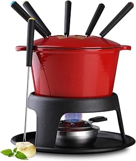 Artestia Cast Iron Cheese Fondue Pot Set for Chocolate Fondue Pot Camping Fondue Set with 6 Fondue Forks, 11-Piece Cheese Fondue Set Serve 6 Persons (Red)