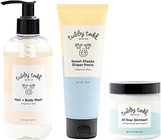 TUBBY TODD Baby Bundle Newborn Skin Care Set - Hypoallergenic Hair + Body Wash, All Over Ointment with Colloidal Oatmeal, Sweet Cheeks Diaper Paste - Fragrance Free, Standard Size