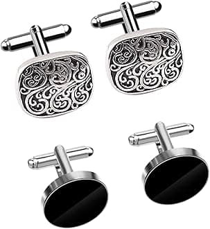 2 Pairs Cufflinks for Men, Stainless Steel Classic Cufflinks Black Round and Square Retro Knot French Striped Shirt Suit Button Cuff Link Kit For Wedding Business Graduation Jewelry Gift