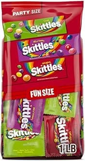SKITTLES Original, SKITTLES Wild Berry & SKITTLES Sour Fun Size Chewy Individually Wrapped Halloween Candy Variety Pack Trick-or-Treat Assortment, Party Size, 26.46 Oz Bulk Bag