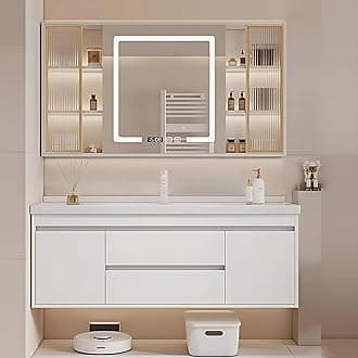 Bathroom Vanity with Sink - Stylish Bathroom Single Sink Cabinet, Modern Floating Vanity & Intelligent Fog-Free Mirror Cabinet | Solid Wood Material (White, 44")