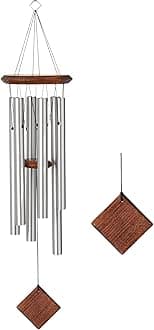 Woodstock Wind Chime for Outside Garden and Patio Decor, 27” Silver Aluminium and Teakwood Wind Chimes, Elegant Chime for Yard and Outdoor Gift