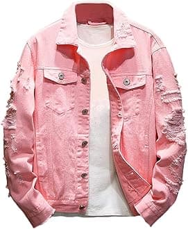 Rexcyril Men's Distressed Denim Jacket Casual Ripped Holes Button Down Trucker Jacket Jean Coat