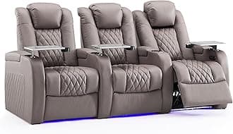 Weilianda Home Theater Seating Top Grain Leather Zero Gravity Recliner Chair Power Headrest Recline Movie Seat Gaming 7 Colors Mood Light Sofa with Tray Table USB Charge Row of 3 Grey