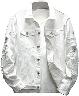 Men's Distressed Denim Jacket Casual Ripped Holes Button Down Trucker Jacket Jean Coat