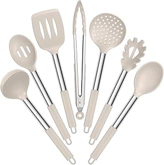 E-far Silicone Cooking Utensils Set, 7 Pcs Heat Resistant Kitchen Utensils with Stainless Steel Handle, Slotted Turner, Spoon, Soup Ladle, Pasta Server, Skimmer, Tongs for Nonstick Cookware, Khaki