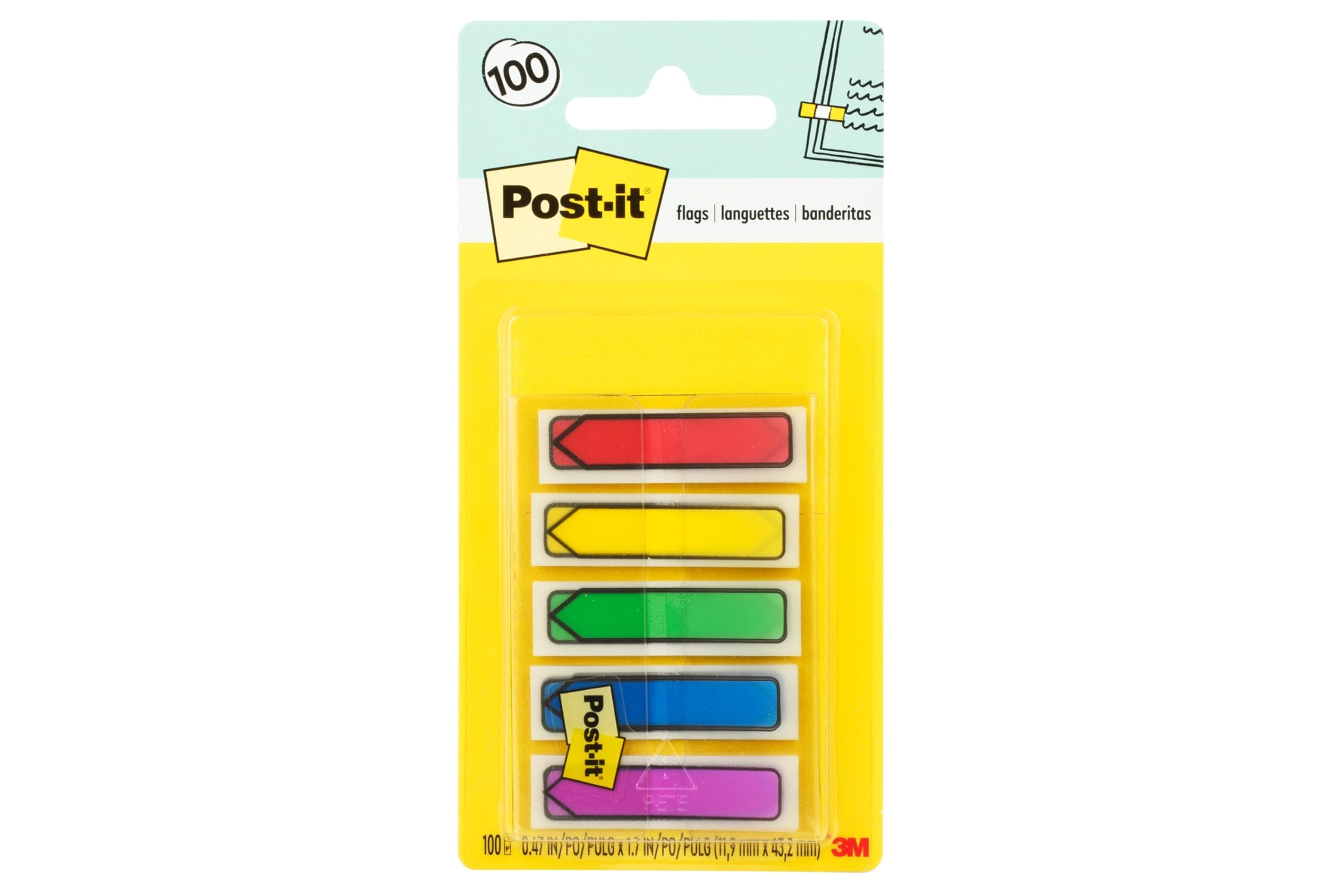 Post-it Arrow Flags, Assorted Primary Colors, .47 in Wide, 100/On-the-Go Dispenser, 1 Dispenser/Pack (684-ARR1)