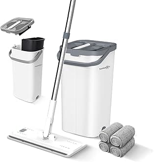 Mop and Bucket Set. Microfibre Flat Mop for Wet & Dry with Stainless Steel Handle, Twin Chamber Bucket Suitable for All Floor