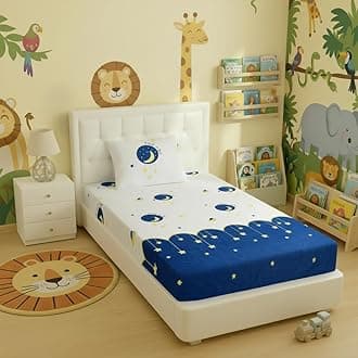 Filymore Microfiber Wrinkle Free Soft Hypoallergenic | Cartoon Printed Single Bed Small/Super Size for Kids with 1 Pillow Covers (90x60 Inches/Good Night/Boys Girls Room)(Blue and Cream)