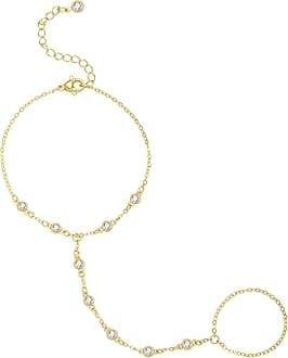 Hand Chain 14K Gold Plated Bracelets for Women Dainty Finger Ring Zircon Adjustable Hand Chain Jewelry for Women Trendy Bracelets