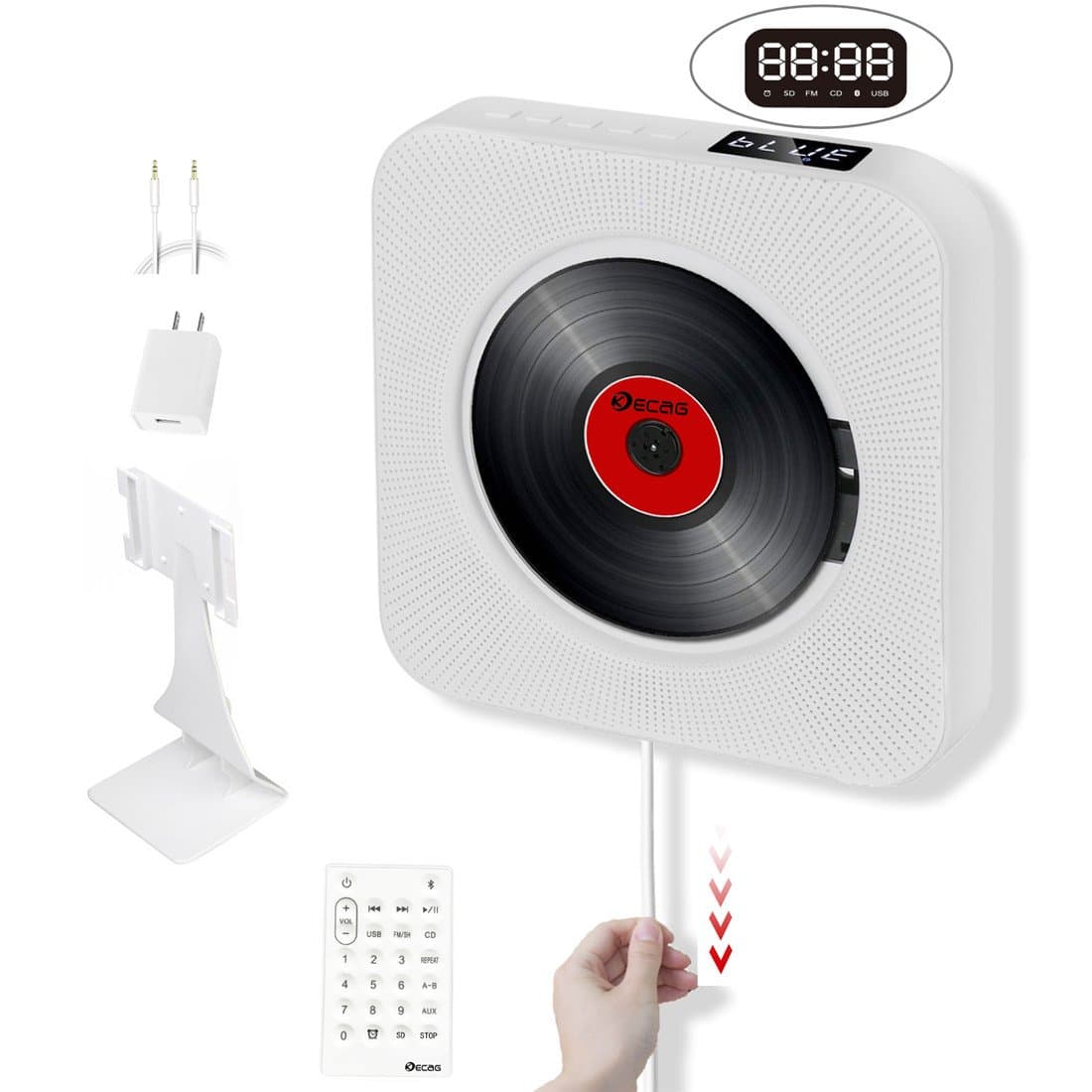 KECAG CD Player Portable Wall Mountable Home Audio with Remote Control Bluetooth Built-in HiFi Speakers USB MP3 3.5mm Headphone Jack AUX input/output (White Upgraded)