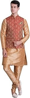 Uri and MacKenzie Men's Silk Blend Regular Kurta Churidar Pyjama with Bundi Nehru Jacket/Waistcoat