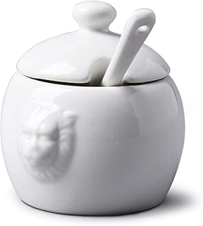 WM Bartleet & Sons – Traditional Porcelain Mustard/Jam/Sugar Pot, Lion Head Design Storage Pot with Serving Spoon and Lid (8cm). Made From 100% Porcelain – Classic Smooth Finish, White