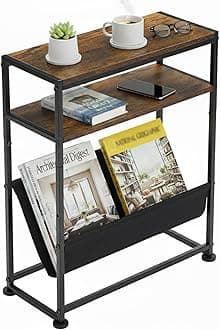 Narrow End Table with Magazine Rack, 2-Tier Slim Side Table for Small Spaces, Industrial Nightstand with Storage Sling for Living Room, Couch and Bedroom, Rustic Brown