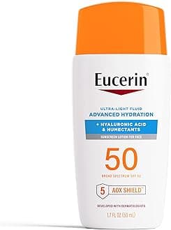 Eucerin Sun Advanced Hydration Ultra-Lightweight Face Sunscreen SPF 50 with Hyaluronic Acid & Humectants, Hydrating Sunscreen for Face, Non Comedogenic and Hypoallergenic, 1.7 Fl Oz Bottle