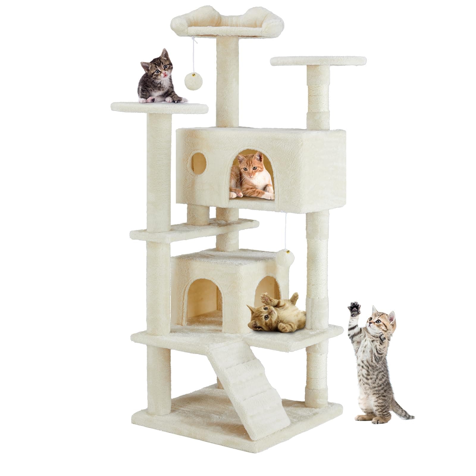 DUMOS 54-inch Indoor Cat Tree Tower –Multi-Level Pet House for Large Cats with 2 Condos, Scratching Posts, Round Platform, Small Ladder, and Toys, Beige