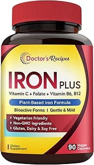 Doctor's Recipes Iron Supplement for Women Men - Gentle Iron Bisglycinate with Vitamin C, B6, Folate & B12, Stomach Friendly Iron Pills, 90 Vegan Caps