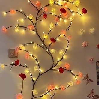 Rose LED Tree Branch Lights for Wall,Rose Blossom Willow Vine Branch Room Decor Gift,Flexible DIY Design,with 144 LED Lights and Remote,8 Lighting Modes,for Bedroom and Wall Decor (90inch)